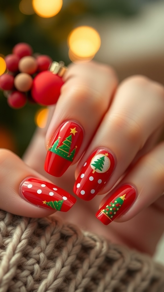 Classy red and green Christmas nail art with festive designs.